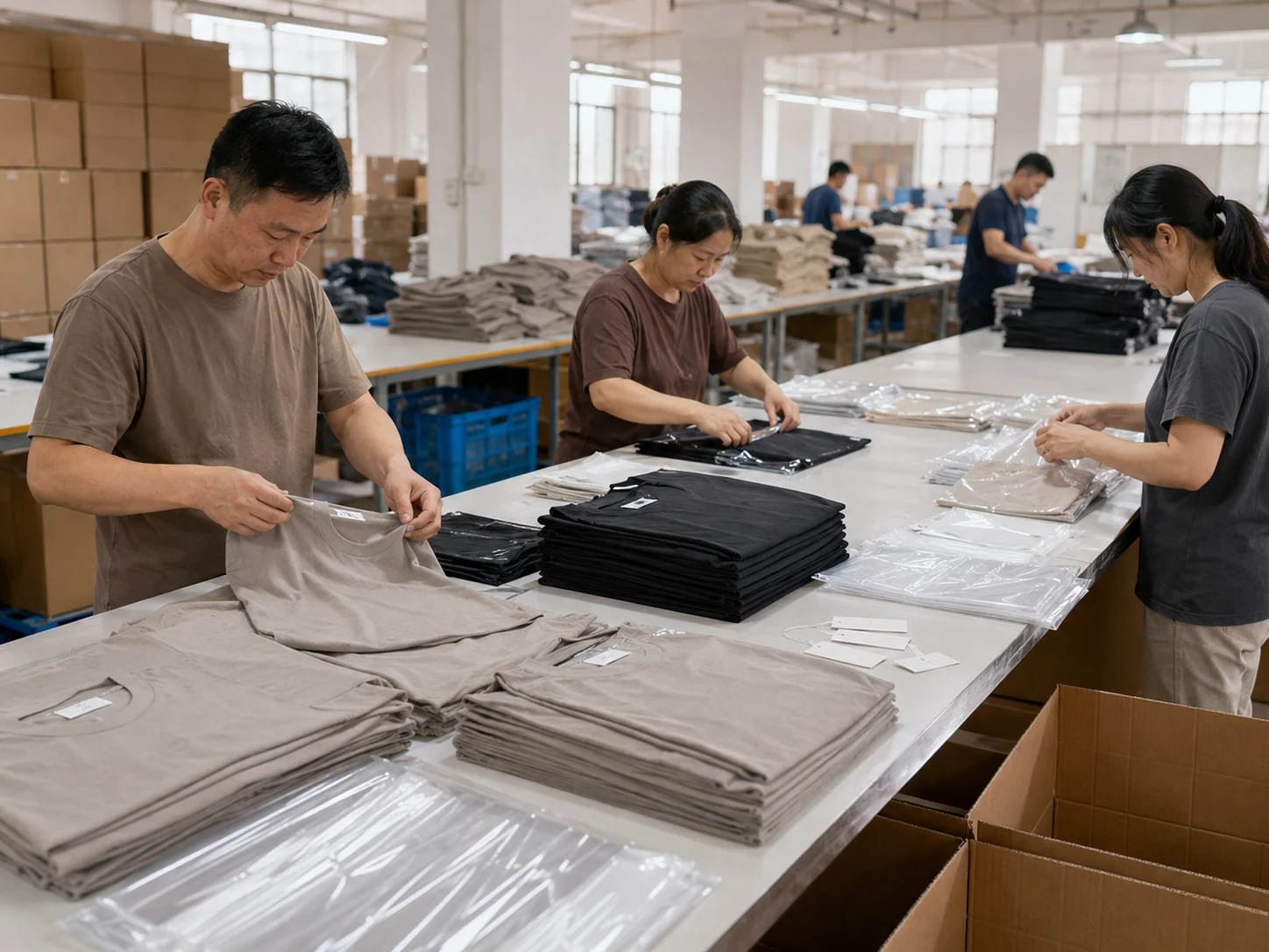 AI-generated concept of T-shirt labeling folding and export packing