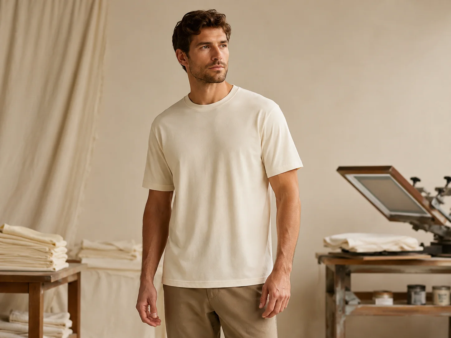 Premium cotton men's T-shirt in a private label production setting