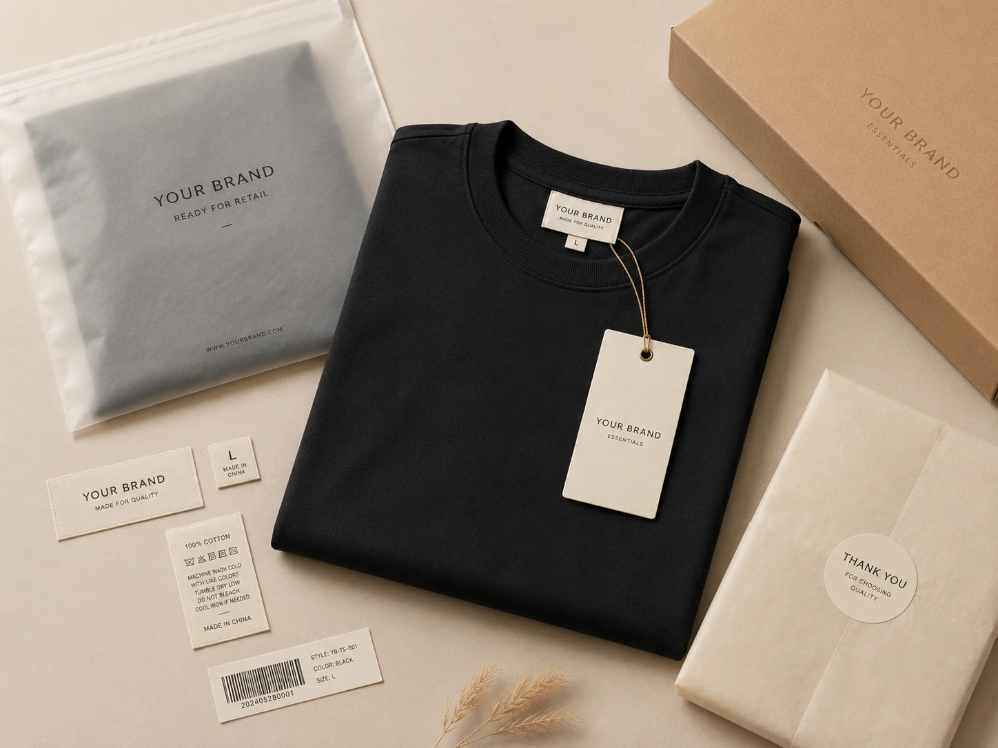 Private label T-shirt with custom labels tags and packaging