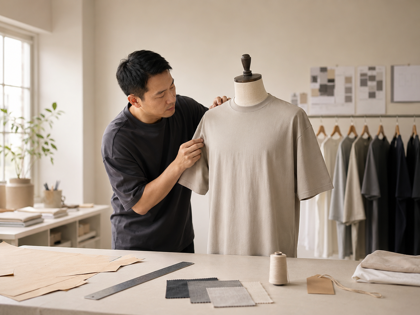 Technician inspecting a custom men's T-shirt sample in a sample room