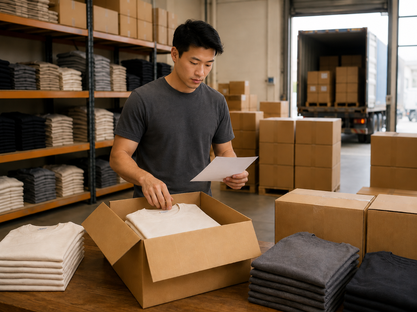 T-shirts packed into export cartons for international shipping