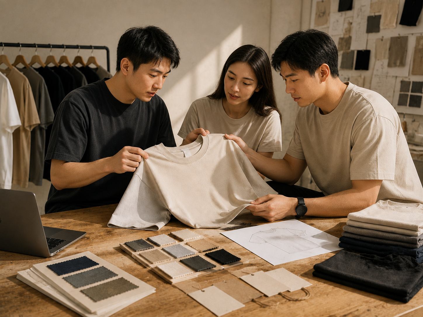 Startup apparel team reviewing a private label T-shirt sample